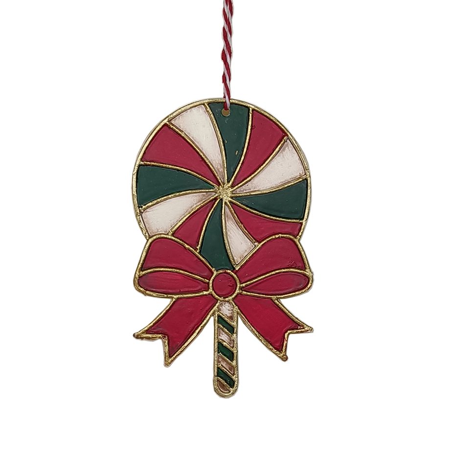 ORN VINTAGE METAL CANDY CANE LOLLIPOP 4" RED WHITE & GREEN STRIPES W/BOW