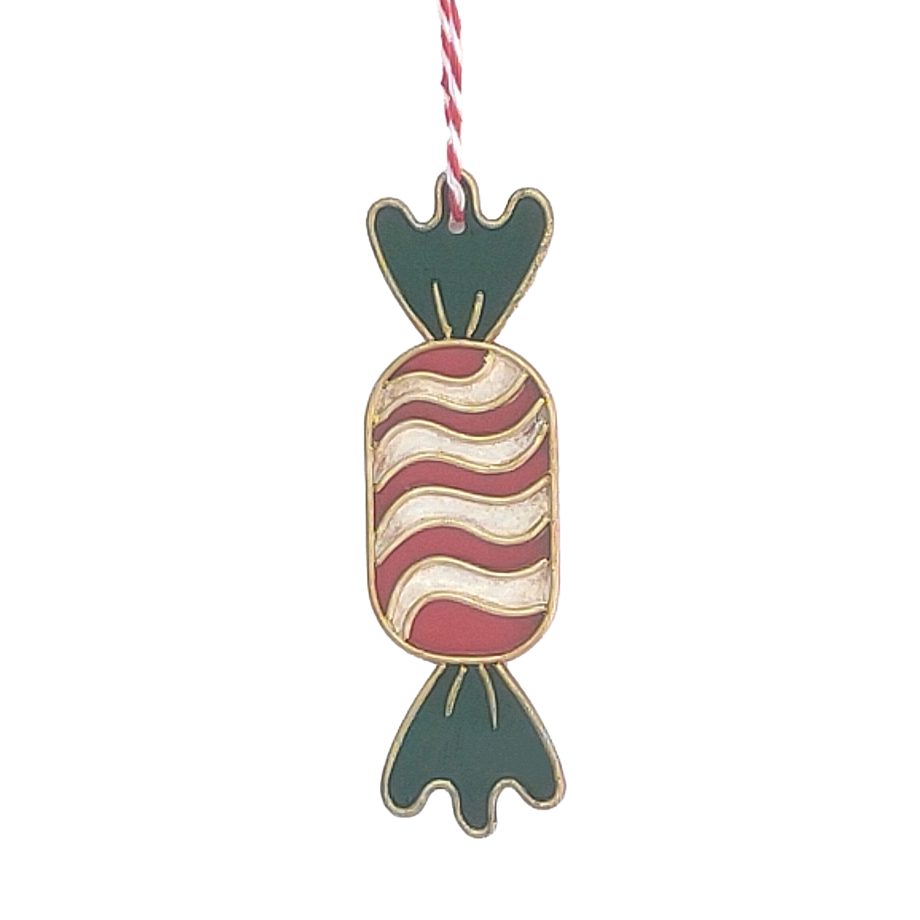 ORN VINTAGE METAL CANDY 4" MAROON W/WHITE STRIPES & GREEN WRAPPING