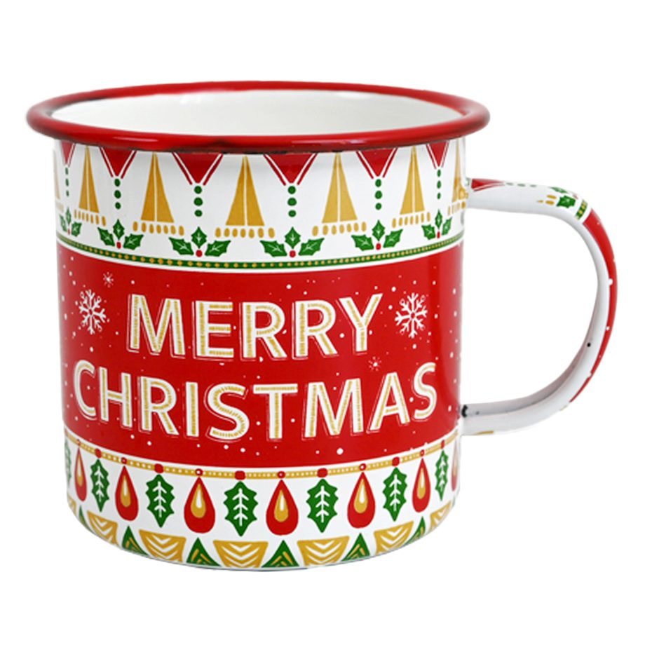 METAL ENAMEL MUG 4" RED/WHITE W/TREES, HOLLY & "MERRY CHRISTMAS"