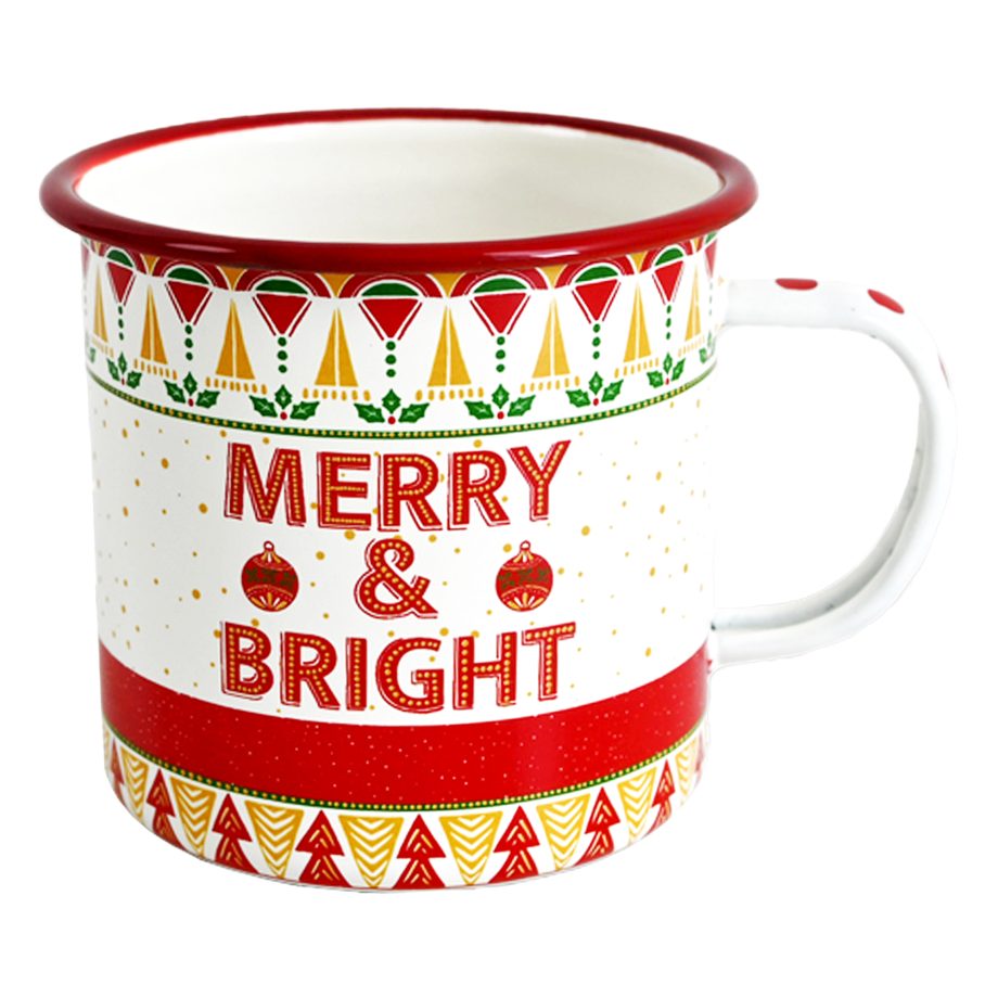 METAL ENAMEL MUG 4" RED/WHITE W/TREES, HOLLY, "MERRY & BRIGHT"