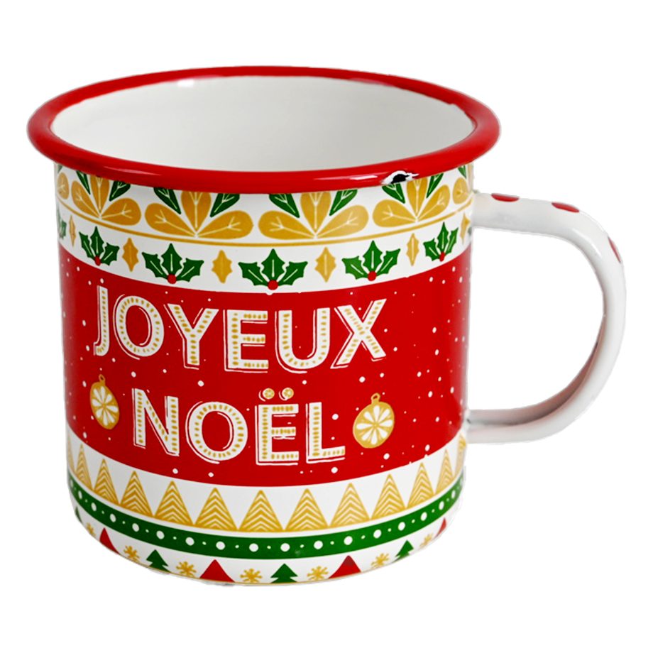 METAL ENAMEL MUG 4" RED/WHITE W/TREES, HOLLY, "JOYEUX NOEL DESIGN