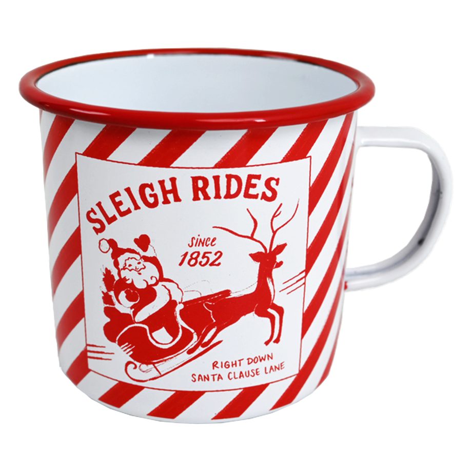 METAL ENAMEL MUG 4" RED/WHITE DIAGONAL STRIPES W/SANTA SLEIGH RIDE