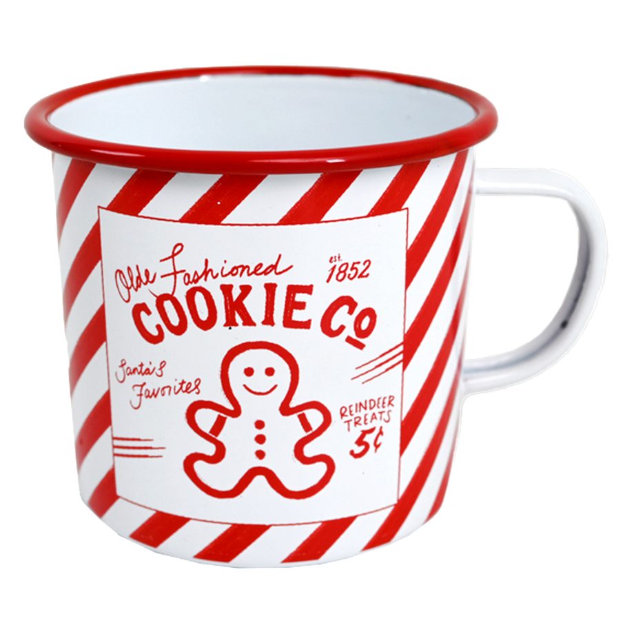 METAL ENAMEL MUG 4" RED/WHITE DIAGONAL STRIPES W/GINGERBREAD BOY COOKIE