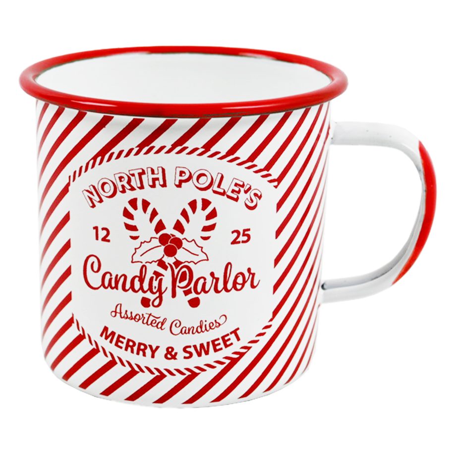 METAL ENAMEL MUG 4" RED/WHITE DIAGONAL STRIPES W/CANDY CANE