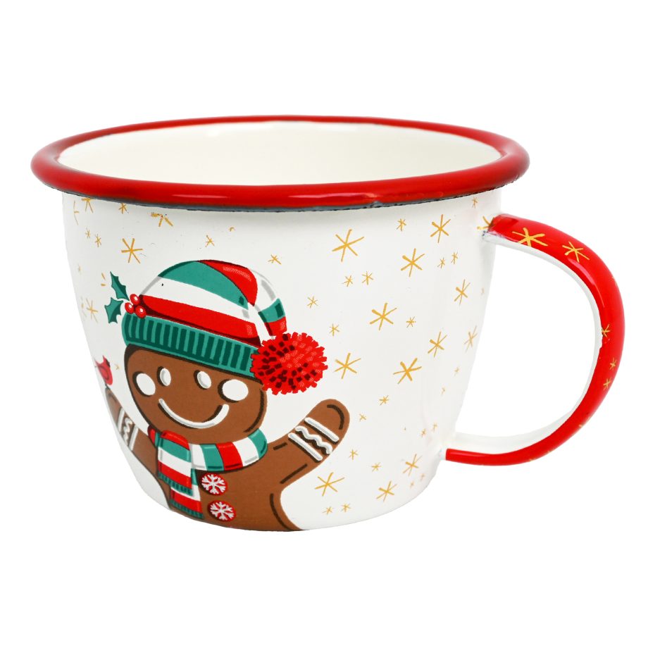 METAL ENAMEL MUG 3" RED/WHITE W/GINGERBREAD BOY COOKIE & GOLD SNOWFLAKES