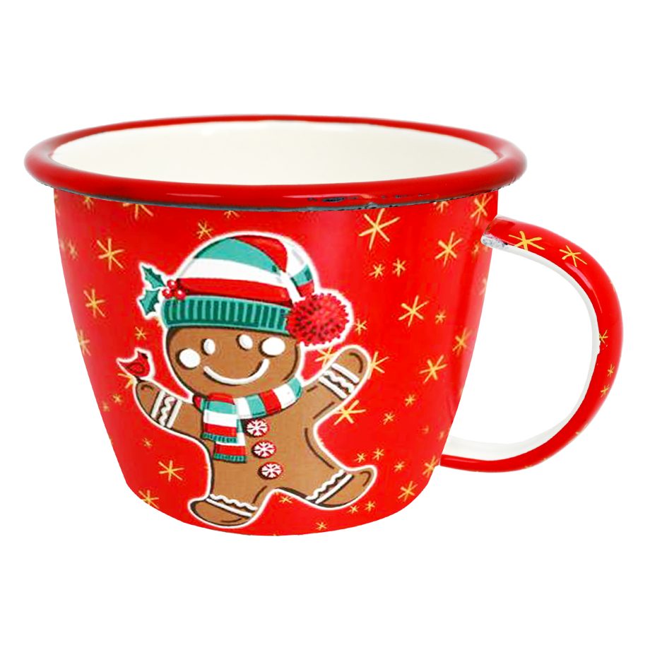 METAL ENAMEL MUG 3" RED W/GINGERBREAD COOKIE & GOLDEN-YELLOW SNOWFLAKES