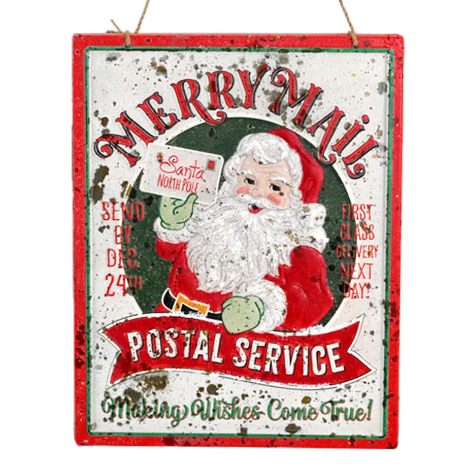 METAL PLAQUE RED/CREAM 17" VINTAGE SANTA POSTAL SERVICE WALL DECOR