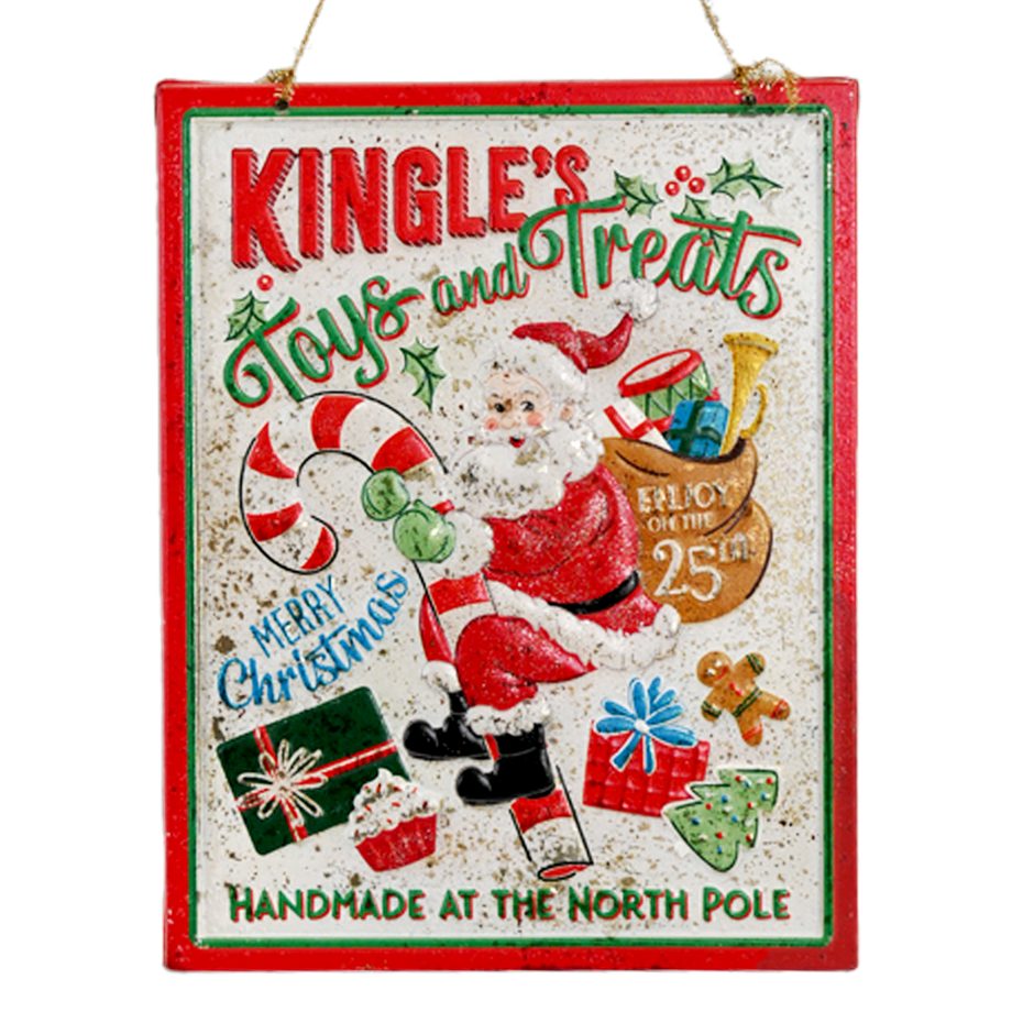 METAL PLAQUE RED/WHITE 17" VINTAGE SANTA CARRYING A TOY BAG WALL DECOR