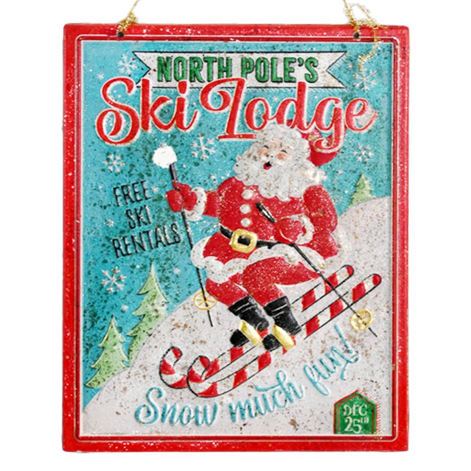 METAL PLAQUE RED/WHITE 17" VINTAGE SANTA SKIING DOWN A SNOWY SLOPE WALL DECOR
