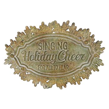 METAL OVAL-LEAF BORDER SIGN VINTAGE 15.7" "SINGING HOLIDAY CHEER" WALL DÉCOR