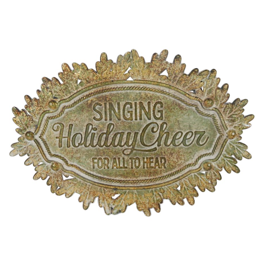 METAL OVAL-LEAF BORDER SIGN VINTAGE 15.7" "SINGING HOLIDAY CHEER" WALL DÉCOR
