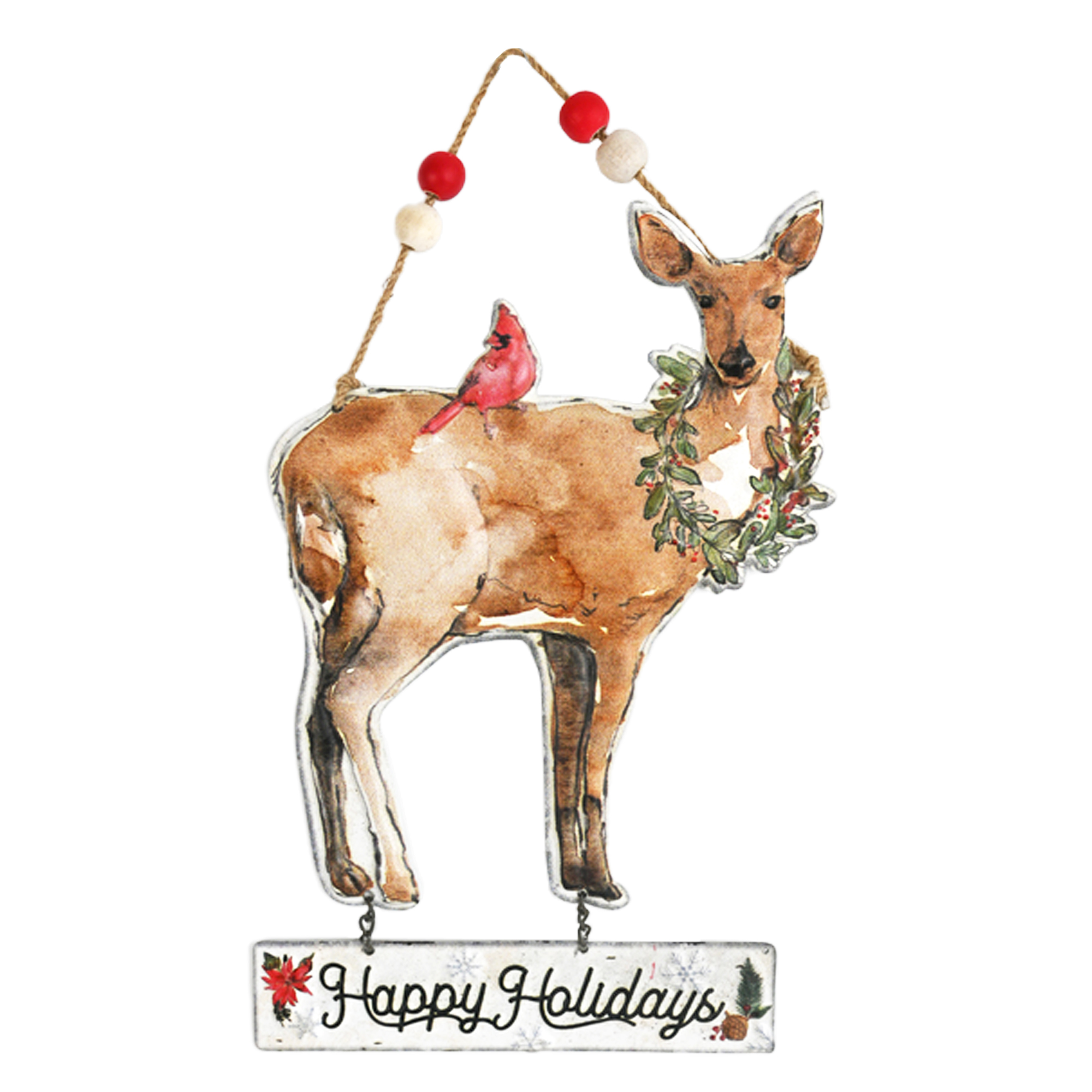 METAL DEER 10" BROWN WATERCOLOR-STYLE W/RED CARDINAL ON ITS BACK WALL DECOR