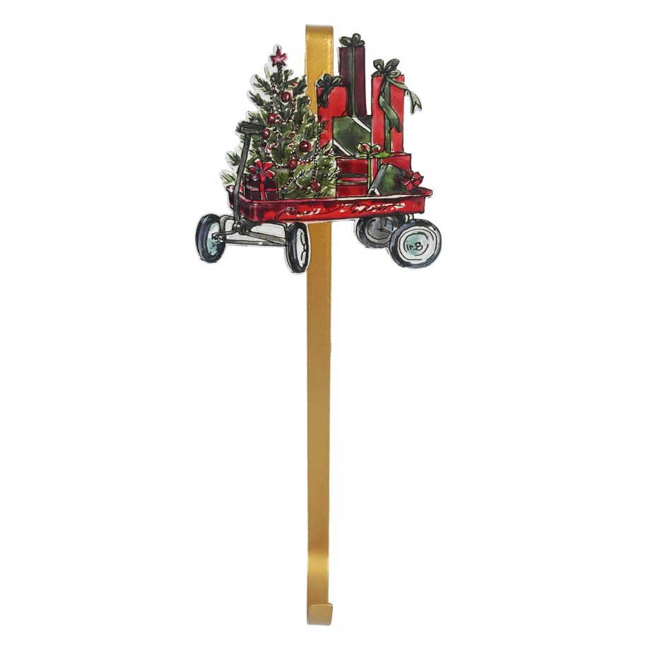 WREATH HANGER GOLD/RED 15" CHRISTMAS WAGON CARRYING TREE & GIFTS