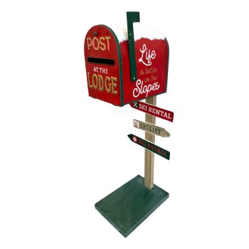 METAL MAILBOX SKI-LODGE STYLE RED 35.5" W/STAND & GOLD "POST" | "AT THE LODGE"