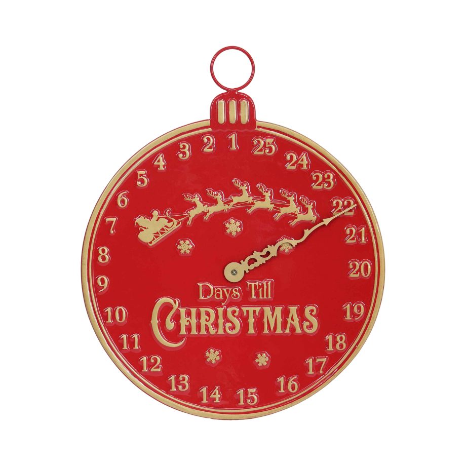 METAL CHRISTMAS COUNTDOWN-CLOCK WALL DECOR RED 14"X17.5" W/ GOLD EMBOSSED WRITINGS