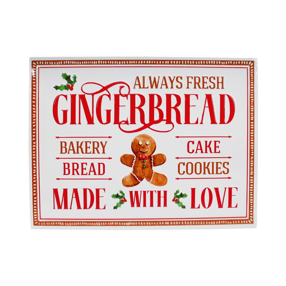 METAL RECTANGULAR WALL DECOR WHITE 16"X12" W/ GINGERBREAD MAN & RED EMBOSSED CORNER