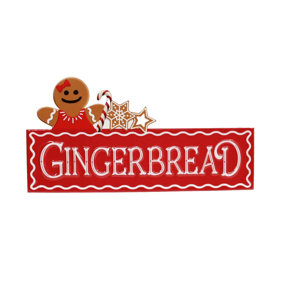 METAL RECTANGULAR WALL DECOR RED 18"X9" W/ WHITE "GINGERBREAD" & GINGERBREAD MAN