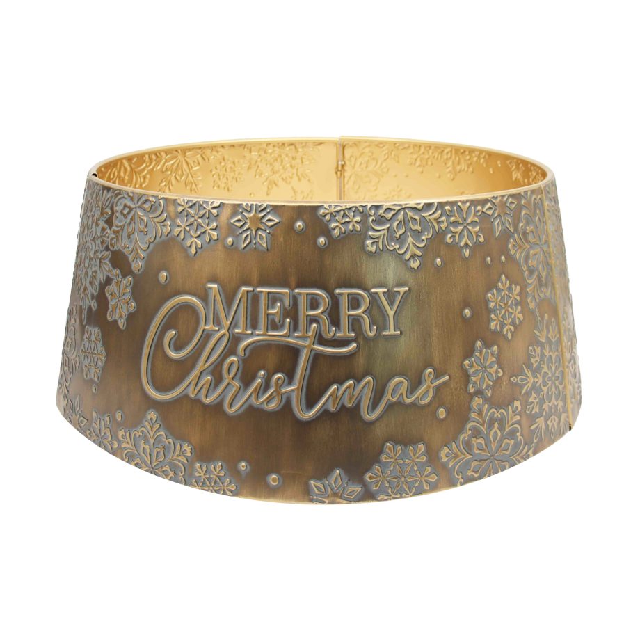 METAL TREE COLLAR VINTAGE/BRONZE 26"X10" W/ EMBOSSED SNOWFLAKES & "MERRY CHRISTMAS"