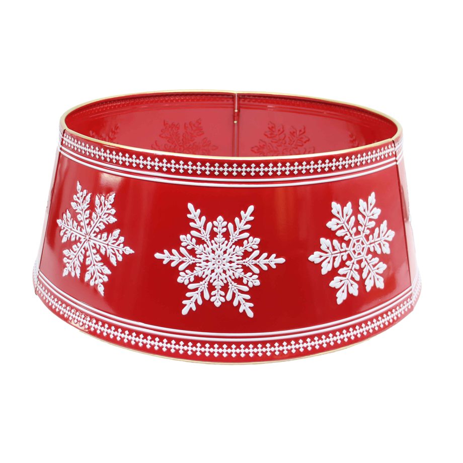 METAL TREE COLLAR RED 26"X10" W/ WHITE EMBOSSED SNOWFLAKE & BORDER