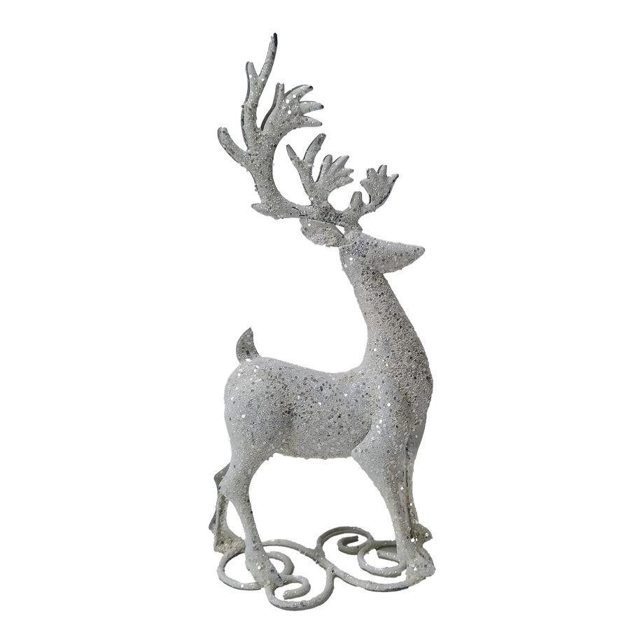METAL REINDEER STANDING 15" WHITE/SILVER GLITTER