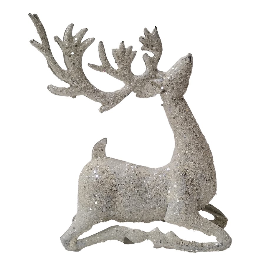 METAL REINDEER SITTING 9.5" WHITE/SILVER GLITTER