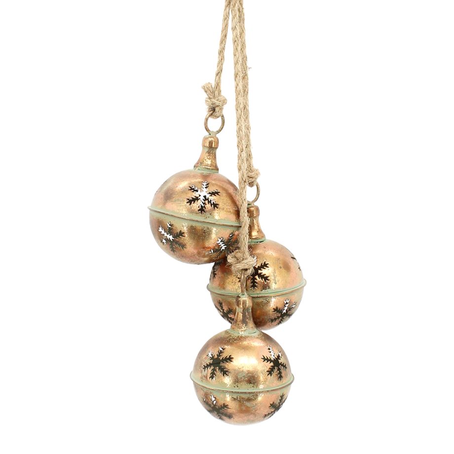 JINGLE BELLS 3PC 4" GOLD BROWNISH-BRONZE FINISH W/ SNOWFLAKE CUTOUT & ROPE HANGER