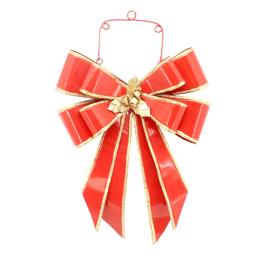 METAL BOW HANGER 13"X20" SHINY RED W/ GOLD HOLLY & TRIM