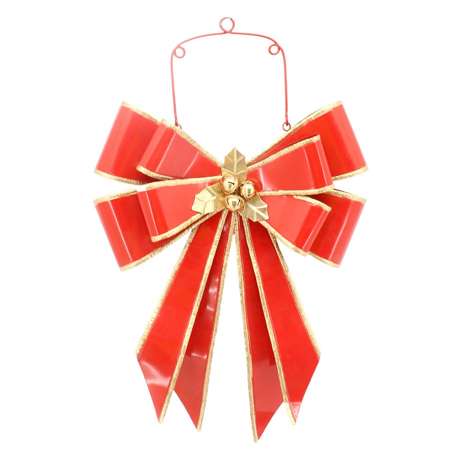 METAL BOW HANGER 16"X26" SHINY RED W/ GOLD HOLLY & TRIM