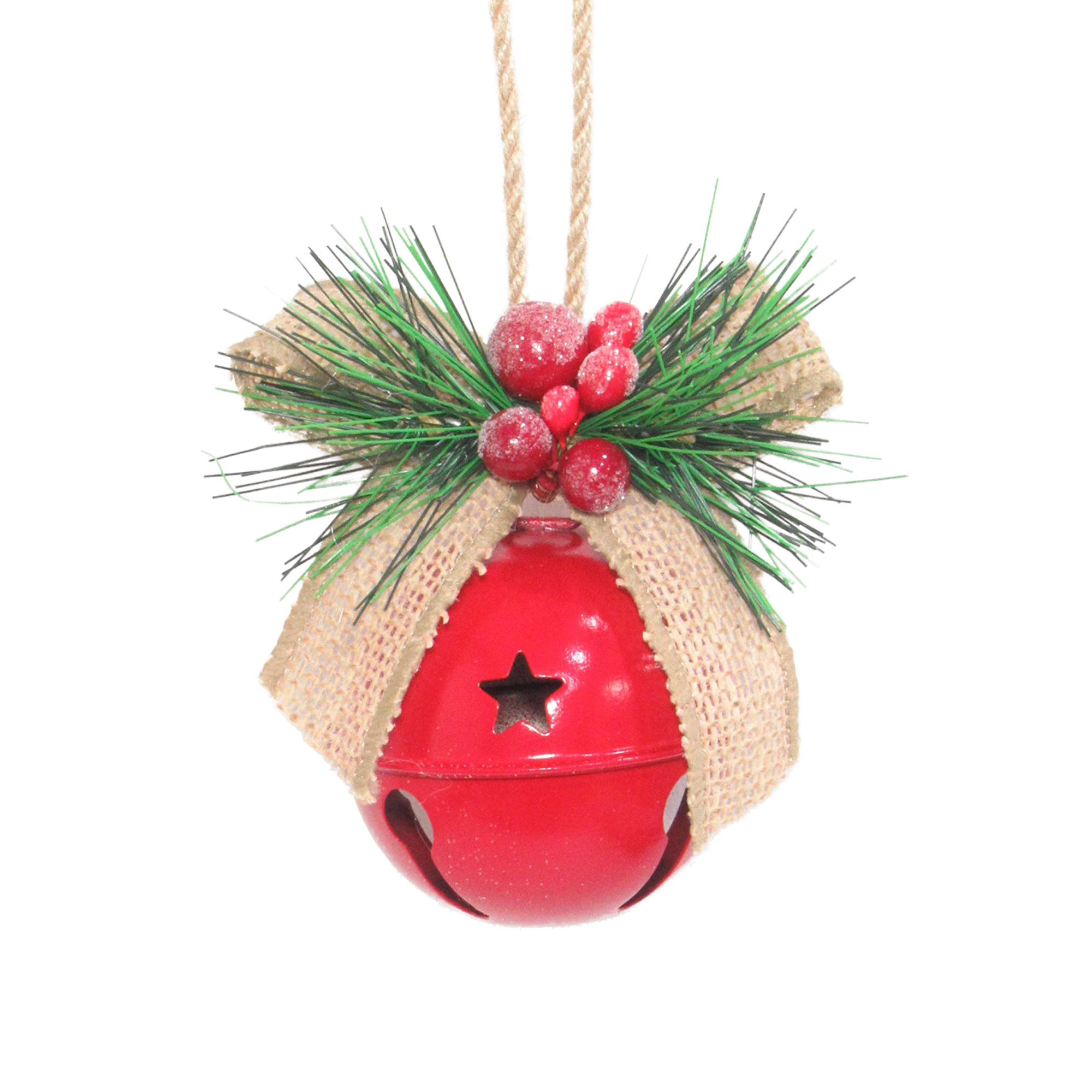 ORN JINGLE BELL SHINY PAINT RED 60MM W/HEMP RIBBON BOW & SNOWED RED BERRIES