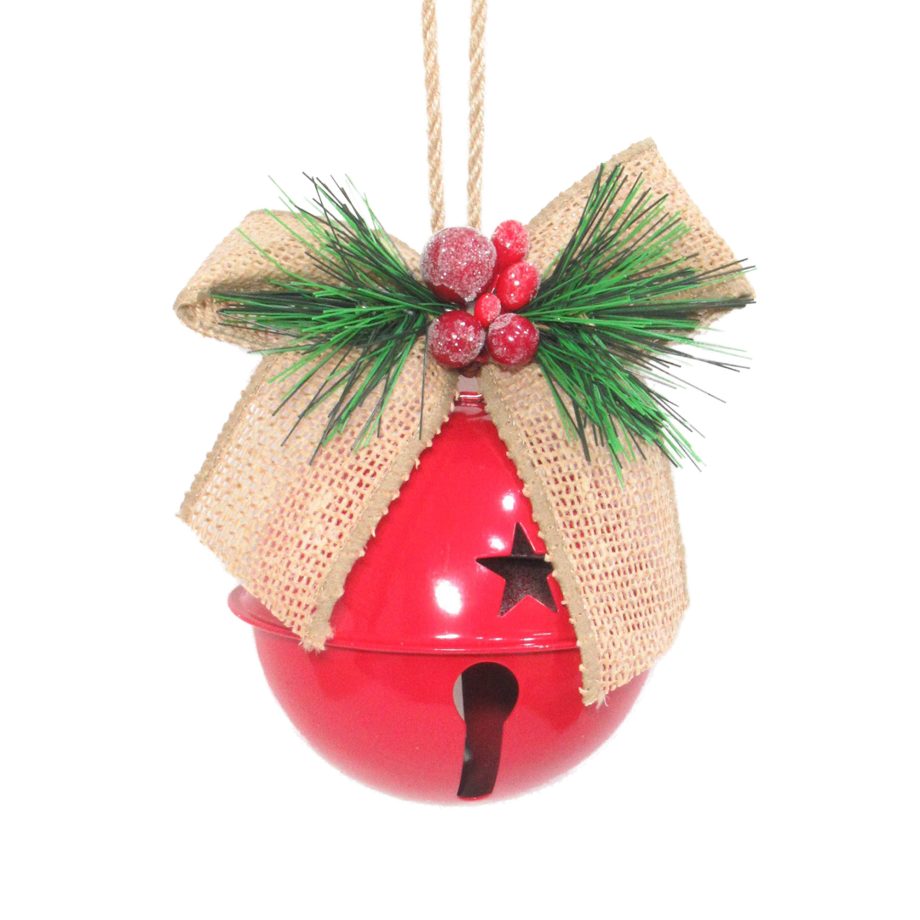 ORN JINGLE BELL SHINY PAINT RED 80MM W/HEMP RIBBON BOW & SNOWED RED BERRIES