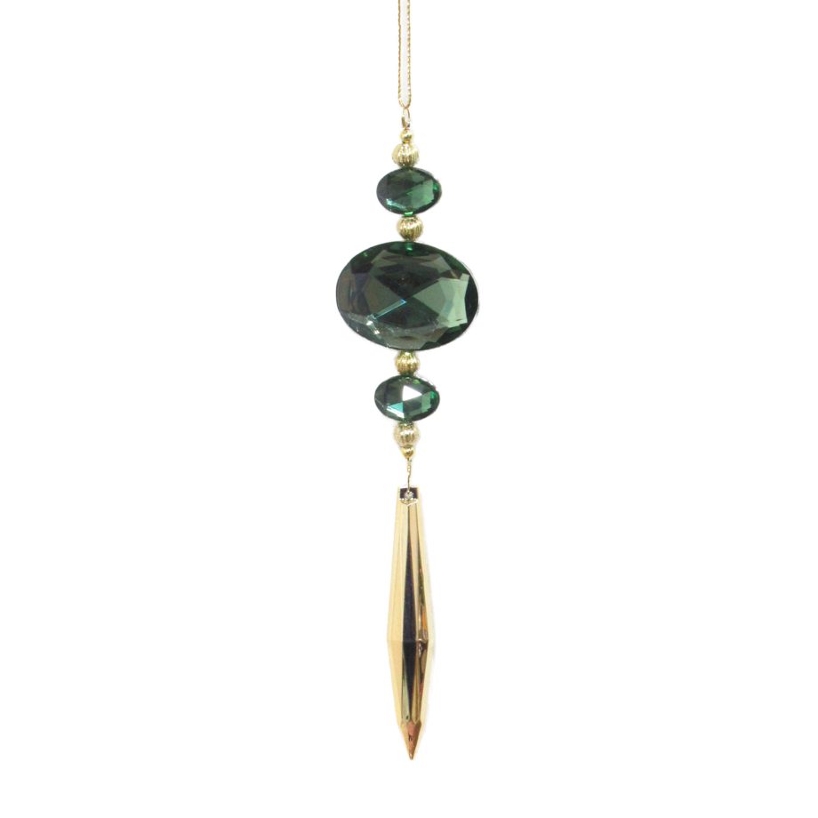 ORN JEWEL OLIVE GREEN HORIZONTAL OVAL W/SHINY GOLD FINIAL STRING 6.9"