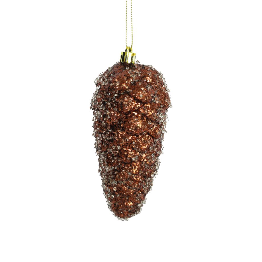 ORN PINE CONE 130MM BROWN ICED W/ GLITTER