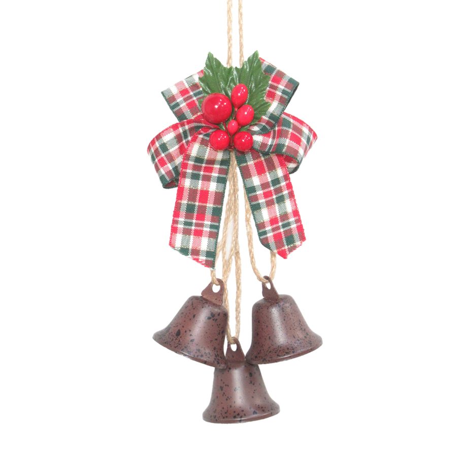 ORN LIBERTY BELL STRING DK BROWN 38MM X 3 W/GHINGHAM RIBBON BOW & RED BERRIES
