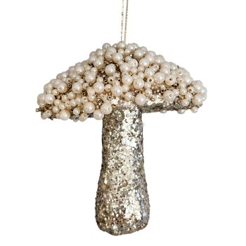 ORN MUSHROOM GOLD 5" BEADS & PEARL CAP W/ GLITTER