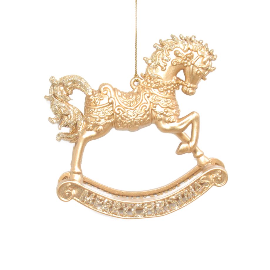 ORN ROCKING HORSE GOLD 5.25" W/GLTR