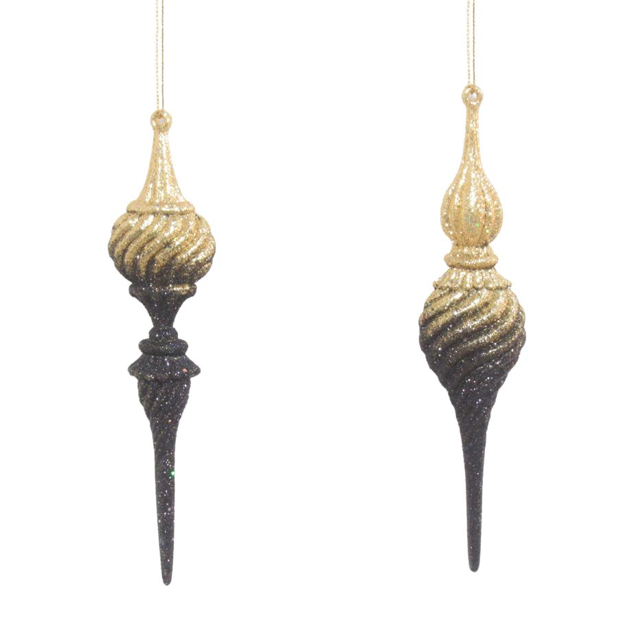 ORN DROP ICICLE GOLD/BLACK 2-TONE W/GLTR 7", 2/S