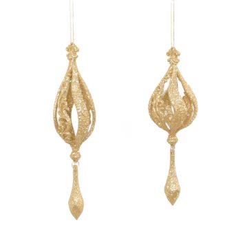 ORN FINIAL DROP HOLLOW 7.5"/8.5" GOLD W/GLTR, 2/S