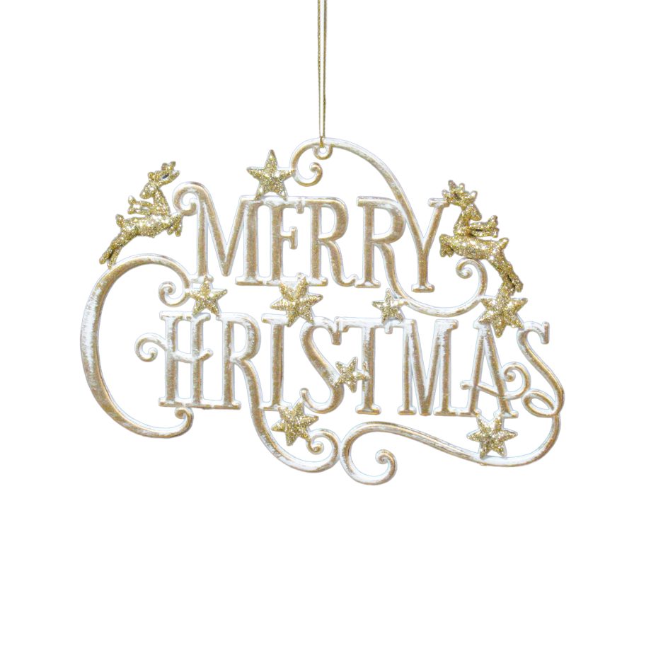 ORN SIGN WHITE/GOLD "MERRY CHRISTMAS" W/STAR & DEER 7.2" W/CHAMPAGNE GOLD GLTR