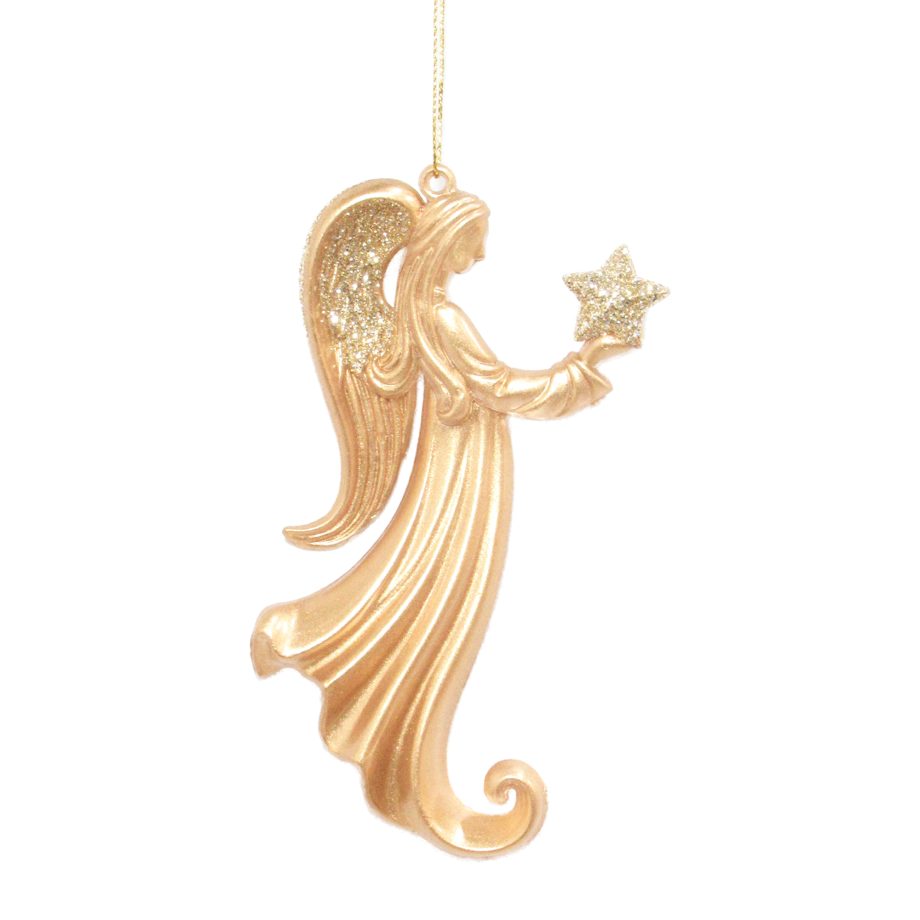 ORN ANGEL MATTE GOLD HOLDING STAR W/CHAMPAGNE GOLD GLTR 5.3"