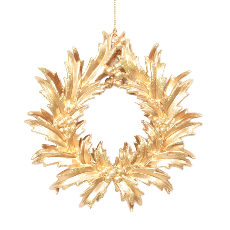 ORN WREATH MATTE GOLD HOLLY LVS/BERRIES 5.1" W/LT GOLD GLTR