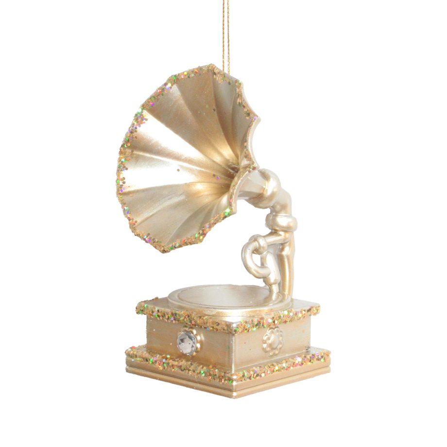 ORN PHONOGRAPH MATTE GOLD BRUSHED SILVER W/LASER GOLD 3-D 7.8" W/GLTR, W/CLEAR JEWEL