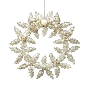 ORN WREATH 4.9" GOLD/SILVER W/GOLD HOLLY LVS W/BOW W/GLTR, W/PEARL BEAD