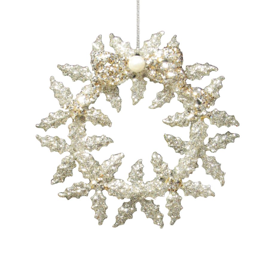 ORN WREATH GOLD/SILVER W/GOLD HOLLY LVS W/BOW 4.9" W/GLTR, W/PEARL BEAD