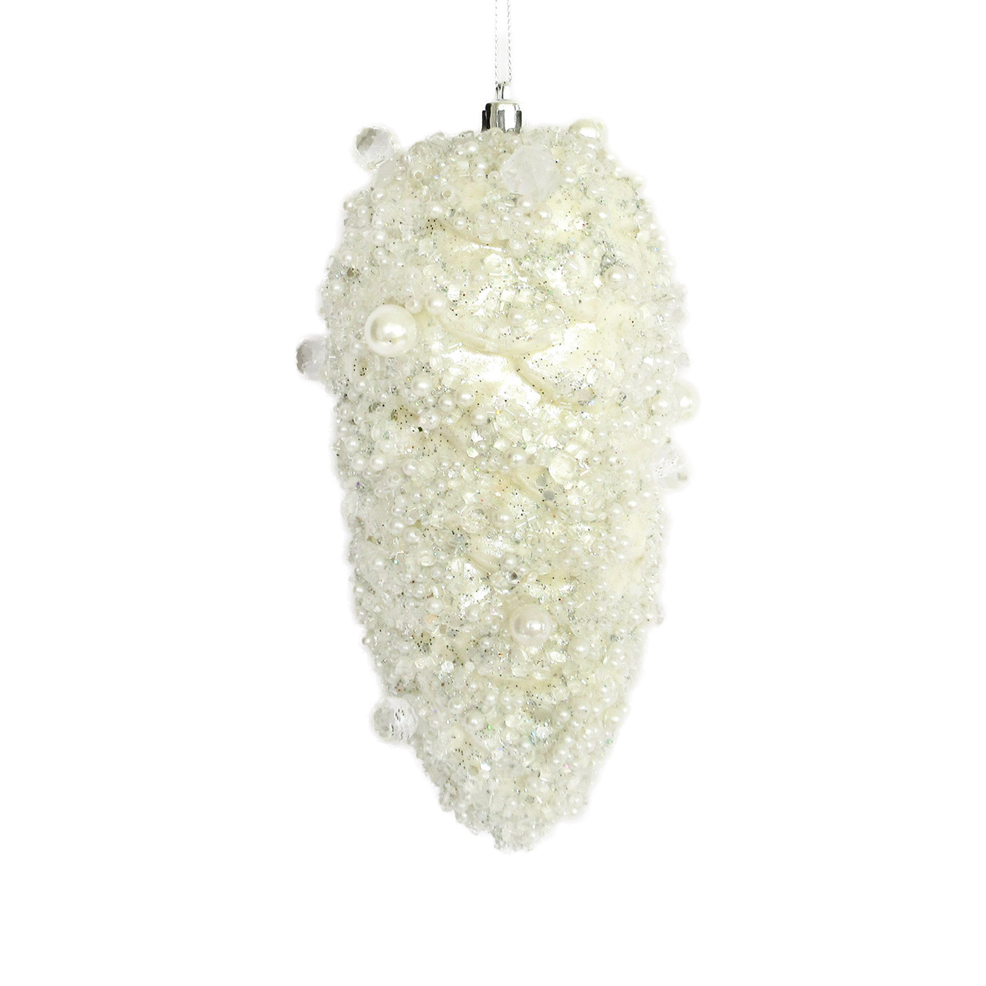 ORN PINE CONE 180MM IVORY/SILVER JEWEL & GLITTER