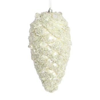 ORN PINE CONE 230MM IVORY/SILVER JEWEL & GLITTER