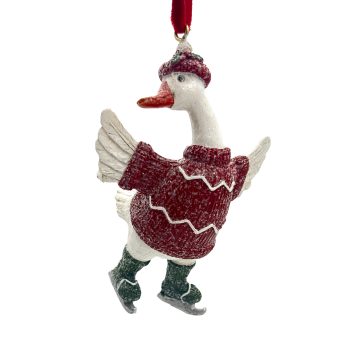 ORN GOOSE RESIN RED/WHITE 4" FROSTED/GLITTER SKATING WINGS SPREAD