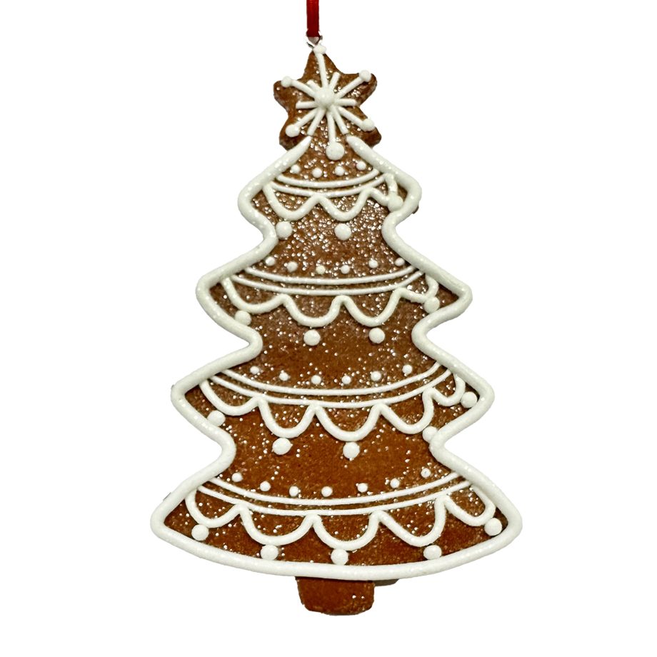 ORN GINGERBREAD TREE 5.5" W/ ORNAMENTS & STAR ATOP, CLAY DOUGH W/ GLITTER