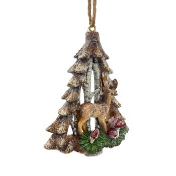 ORN TREE RESIN BROWN/NATURAL 4" FROSTED/GLITTER W/ DEER & MUSHROOM