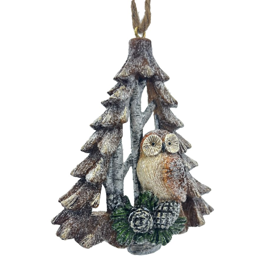 ORN TREE RESIN BROWN/NATURAL 4" FROSTED/GLITTER W/ OWL & PINE CONE
