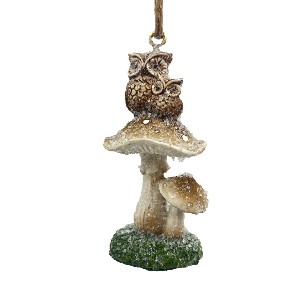 ORN MUSHROOM RESIN BROWN/NATURAL 3.5" FROSTED/GLITTER W/ OWLS PERCHED ATOP